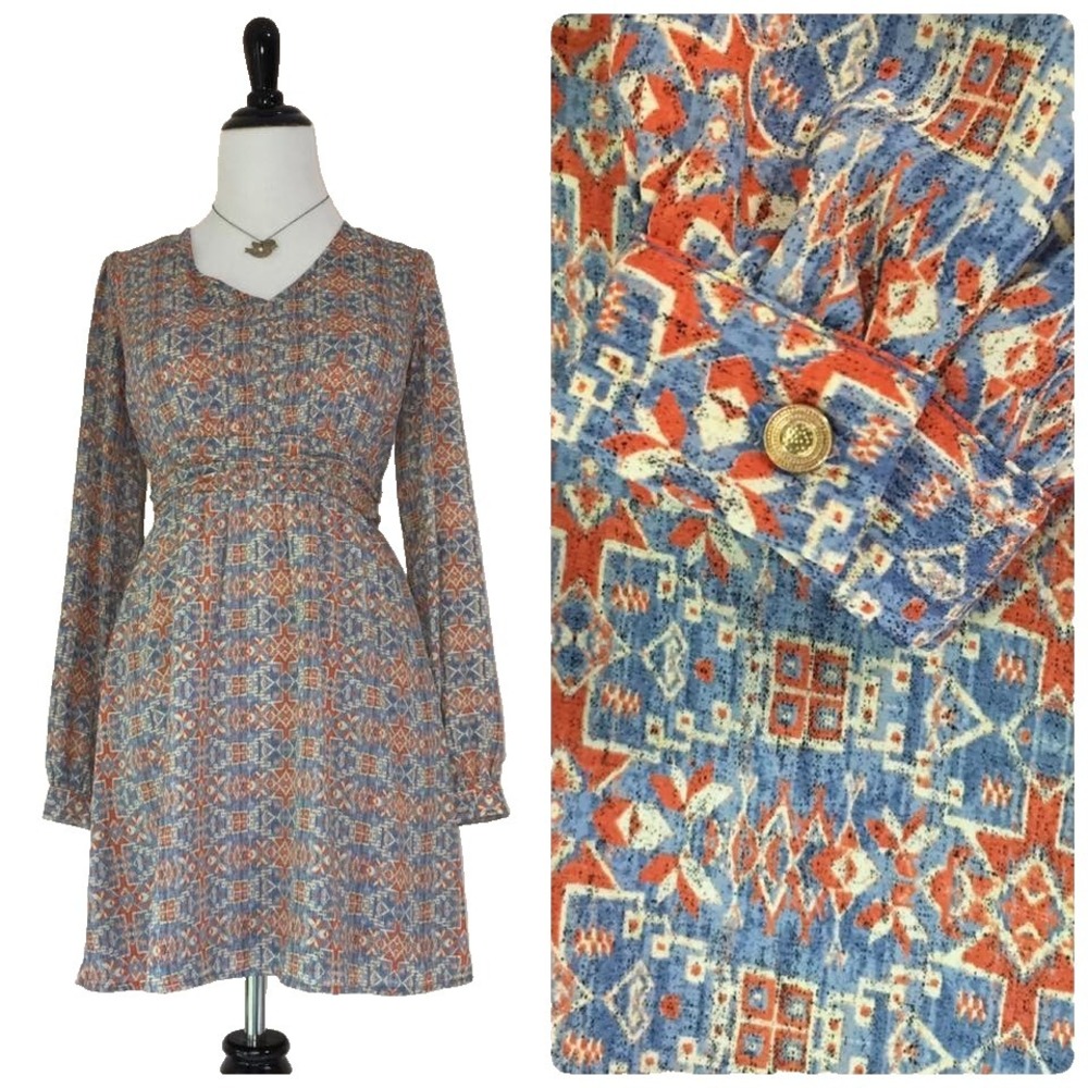 Peasant Festival Dress XS 0 2 Tribal Aztec Boho Print Gold Tone Buttons V Neck